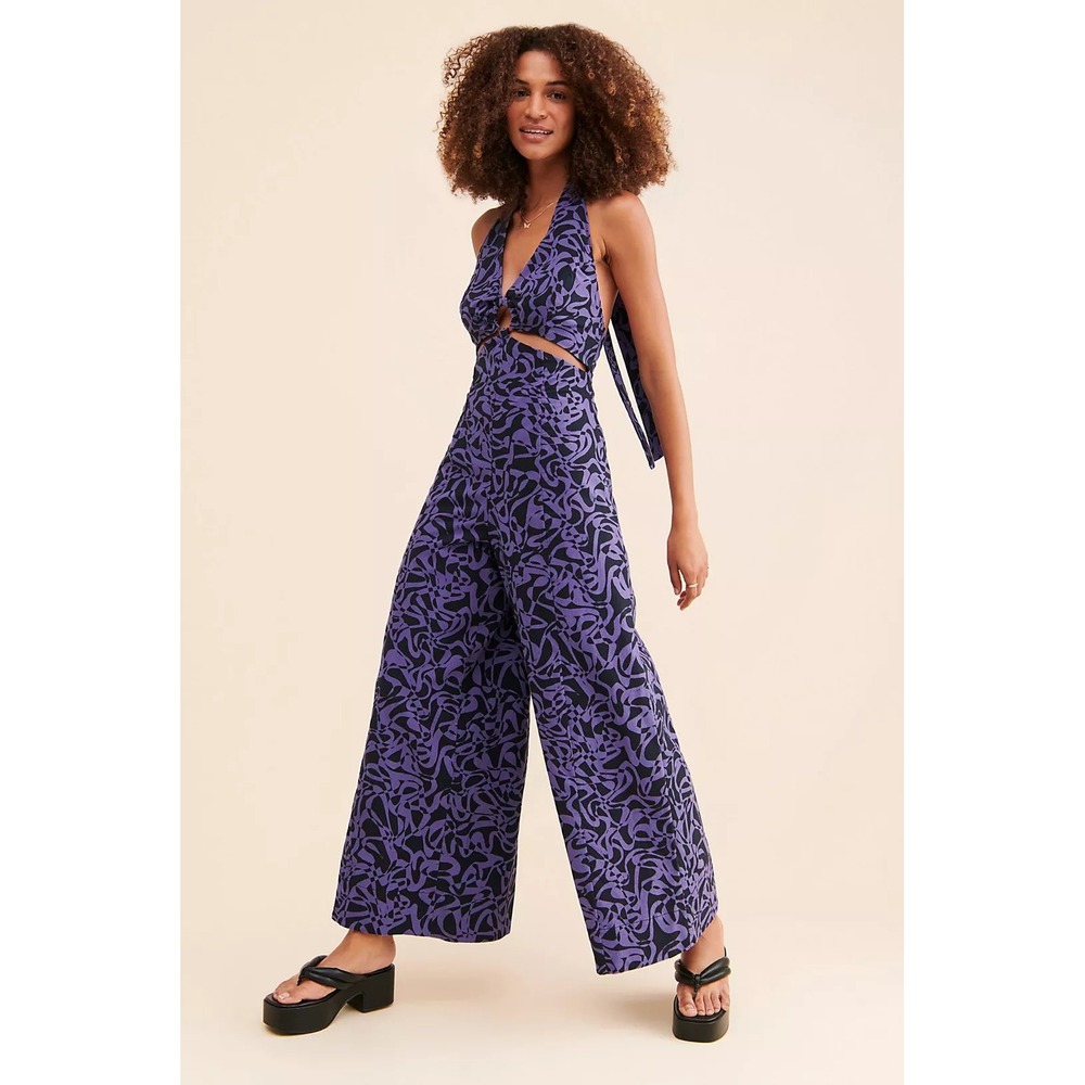 Free People Kira Wide Leg Halter Jumpsuit Abstract Print O-Ring Cutout  M Cotton